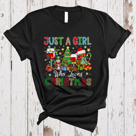 MacnyStore - Just A Girl Who Loves Christmas, Colorful X-mas Tree Snowman Wine, Girls Women Family Group T-Shirt