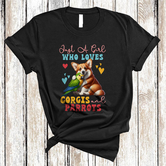 MacnyStore - Just A Girl Who Loves Corgis And Parrots, Adorable Dog And Parrot Bird Owner, Family Group T-Shirt