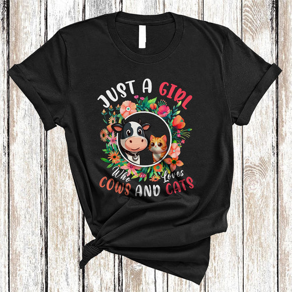 MacnyStore - Just A Girl Who Loves Cows And Cats, Lovely Farm Animal In Floral Flowers Circle, Farmer T-Shirt