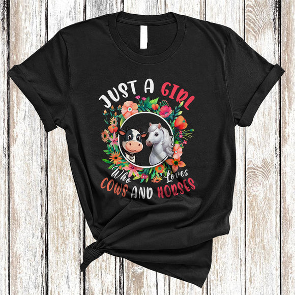 MacnyStore - Just A Girl Who Loves Cows And Horses, Lovely Farm Animal In Floral Flowers Circle, Farmer T-Shirt