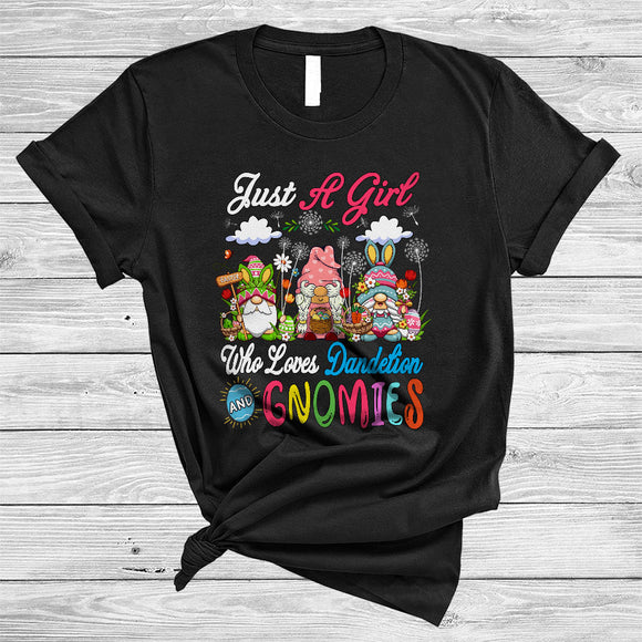 MacnyStore - Just A Girl Who Loves Dandelion And Gnomes, Adorable Easter Three Bunny Gnomes, Egg Hunting T-Shirt