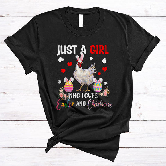 MacnyStore - Just A Girl Who Loves Easter And Chickens, Awesome Easter Day Flowers Bunny Chickens, Farmer Lover T-Shirt