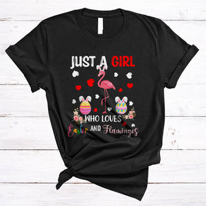 MacnyStore - Just A Girl Who Loves Easter And Flamingos, Awesome Easter Flowers Bunny Flamingos, Animal Lover T-Shirt