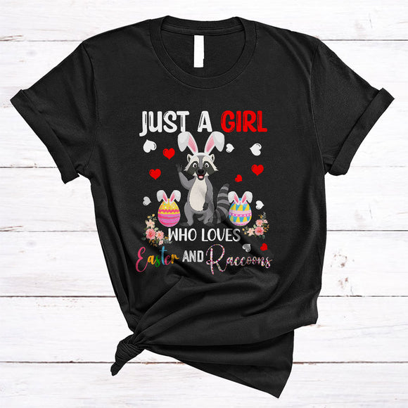 MacnyStore - Just A Girl Who Loves Easter And Raccoons, Awesome Easter Flowers Bunny Raccoons, Animal Lover T-Shirt