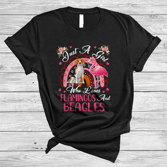MacnyStore - Just A Girl Who Loves Flamingos And Beagles, Adorable Flowers Flamingo, Floral Rainbow T-Shirt