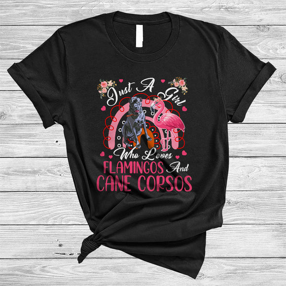 MacnyStore - Just A Girl Who Loves Flamingos And Cane Corsos, Adorable Flowers Flamingo, Floral Rainbow T-Shirt