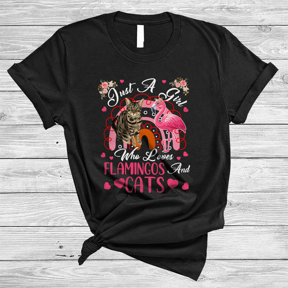 MacnyStore - Just A Girl Who Loves Flamingos And Cats, Adorable Flowers Flamingo, Floral Rainbow T-Shirt