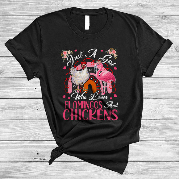 MacnyStore - Just A Girl Who Loves Flamingos And Chickens, Adorable Flowers Flamingo, Floral Rainbow T-Shirt