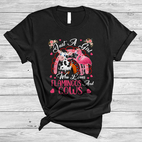 MacnyStore - Just A Girl Who Loves Flamingos And Cows, Adorable Flowers Flamingo, Floral Rainbow T-Shirt