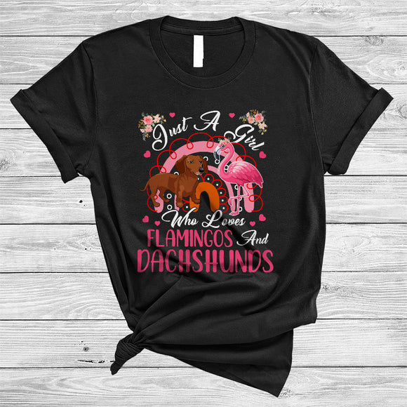 MacnyStore - Just A Girl Who Loves Flamingos And Dachshunds, Adorable Flowers Flamingo, Floral Rainbow T-Shirt