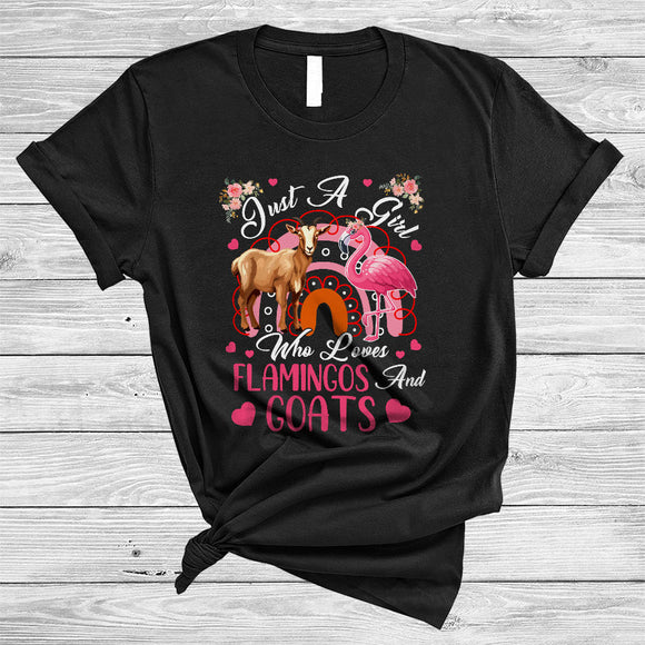 MacnyStore - Just A Girl Who Loves Flamingos And Goats, Adorable Flowers Flamingo, Floral Rainbow T-Shirt