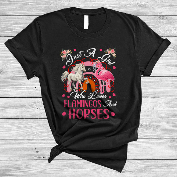 MacnyStore - Just A Girl Who Loves Flamingos And Horses, Adorable Flowers Flamingo, Floral Rainbow T-Shirt