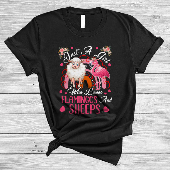 MacnyStore - Just A Girl Who Loves Flamingos And Sheeps, Adorable Flowers Flamingo, Floral Rainbow T-Shirt
