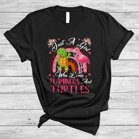 MacnyStore - Just A Girl Who Loves Flamingos And Turtles, Adorable Flowers Flamingo, Floral Rainbow T-Shirt