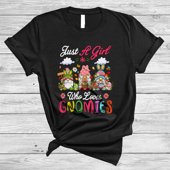 MacnyStore - Just A Girl Who Loves Gnomies, Colorful Easter Three Gnomes Carrot, Eggs Hunting Group T-Shirt