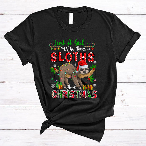 MacnyStore - Just A Girl Who Loves Sloths And Christmas, Joyful X-mas Tree Santa Sloth, Animal Lover T-Shirt