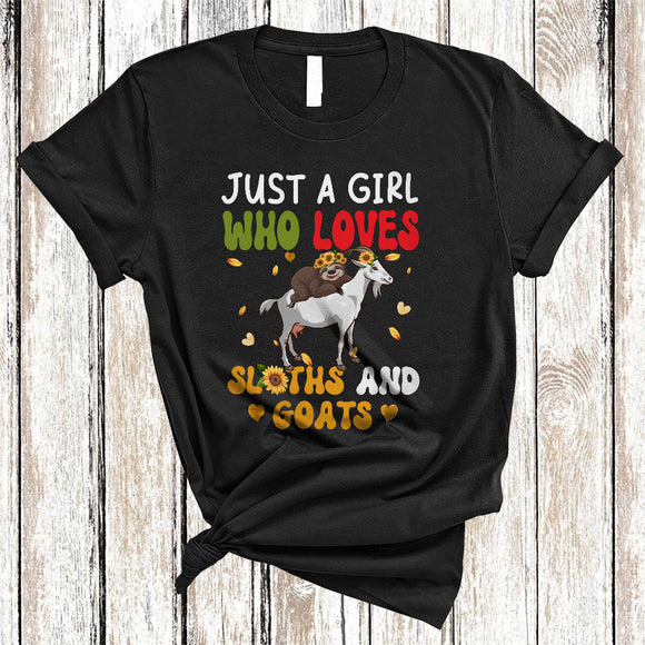 MacnyStore - Just A Girl Who Loves Sloths And Goats, Wonderful Sunflowers Goat Sloth, Farmer Wild Animal T-Shirt