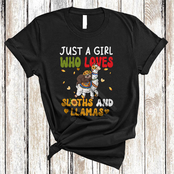 MacnyStore - Just A Girl Who Loves Sloths And Llamas, Wonderful Sunflowers Llama Sloth, Farmer Wild Animal T-Shirt