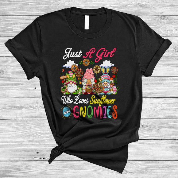 MacnyStore - Just A Girl Who Loves Sunflower And Gnomes, Adorable Easter Three Bunny Gnomes, Egg Hunting T-Shirt