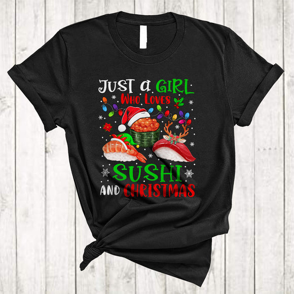 MacnyStore - Just A Girl Who Loves Sushi And Christmas, Colorful X-mas Lights Sushi, Japanese Food Lover T-Shirt