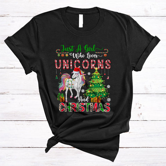 MacnyStore - Just A Girl Who Loves Unicorns And Christmas, Joyful X-mas Tree Santa Unicorn Lover, Snow Around T-Shirt