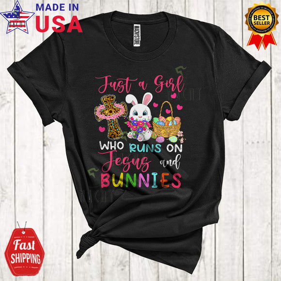 MacnyStore - Just A Girl Who Runs On Jesus And Bunnies Cute Cool Easter Day Leopard Christian Cross Bunny Lover T-Shirt