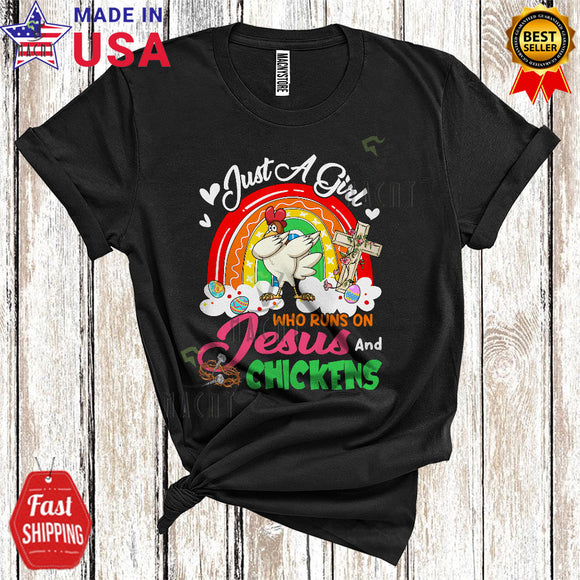 MacnyStore - Just A Girl Who Runs On Jesus And Chickens Cute Cool Easter Rainbow Egg Hunt Farmer T-Shirt