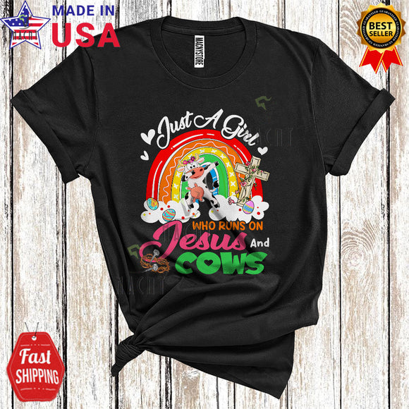 MacnyStore - Just A Girl Who Runs On Jesus And Cow Cute Cool Easter Rainbow Egg Hunt Farmer T-Shirt
