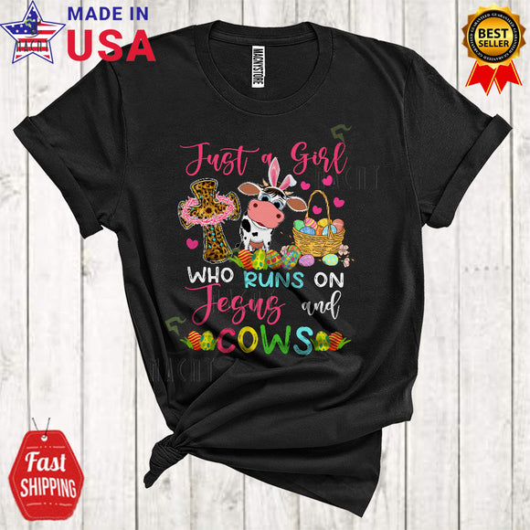 MacnyStore - Just A Girl Who Runs On Jesus And Cows Cute Cool Easter Day Leopard Christian Cross Farmer T-Shirt