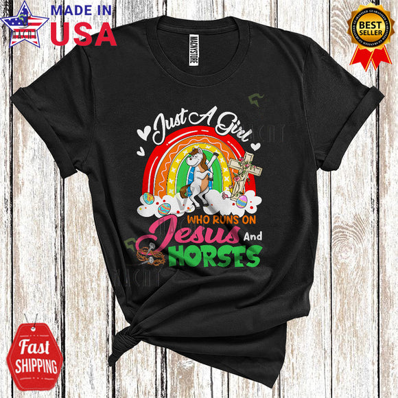 MacnyStore - Just A Girl Who Runs On Jesus And Horses Cute Cool Easter Rainbow Egg Hunt Farmer T-Shirt