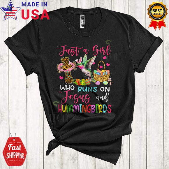 MacnyStore - Just A Girl Who Runs On Jesus And Hummingbirds Cute Cool Easter Day Leopard Christian Cross Bird Lover T-Shirt