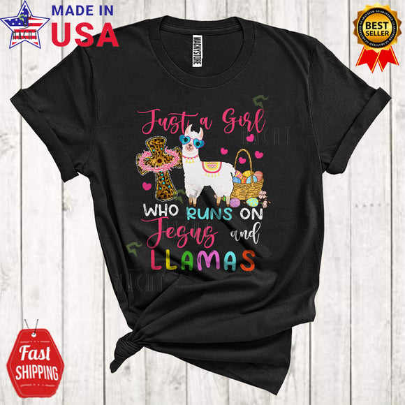 MacnyStore - Just A Girl Who Runs On Jesus And Llamas Cute Cool Easter Day Leopard Christian Cross Farmer T-Shirt
