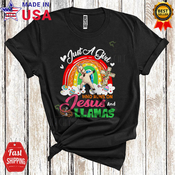 MacnyStore - Just A Girl Who Runs On Jesus And Llamas Cute Cool Easter Rainbow Egg Hunt T-Shirt