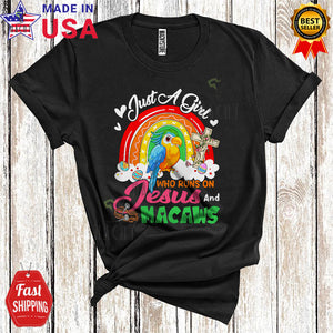 MacnyStore - Just A Girl Who Runs On Jesus And Macaws Cute Cool Easter Rainbow Egg Hunt Bird T-Shirt