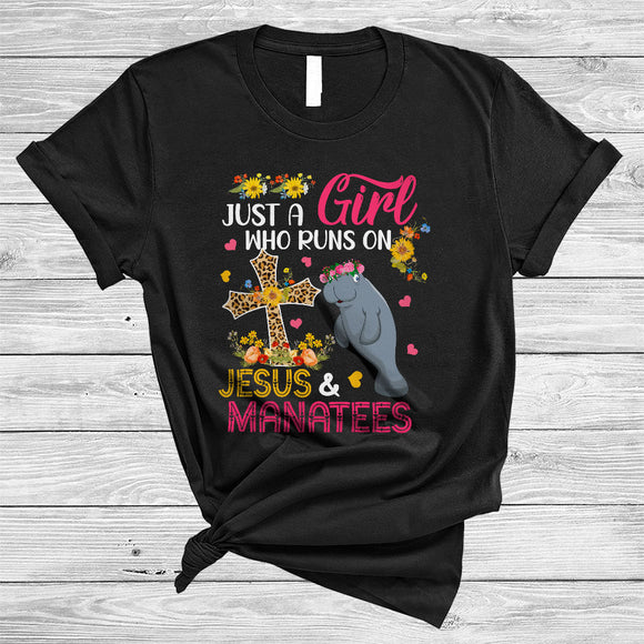 MacnyStore - Just A Girl Who Runs On Jesus And Manatees, Humorous Leopard Cross, Flowers Animal Lover T-Shirt