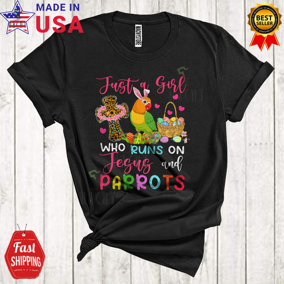 MacnyStore - Just A Girl Who Runs On Jesus And Parrots Cute Cool Easter Day Leopard Christian Cross Bird Lover T-Shirt