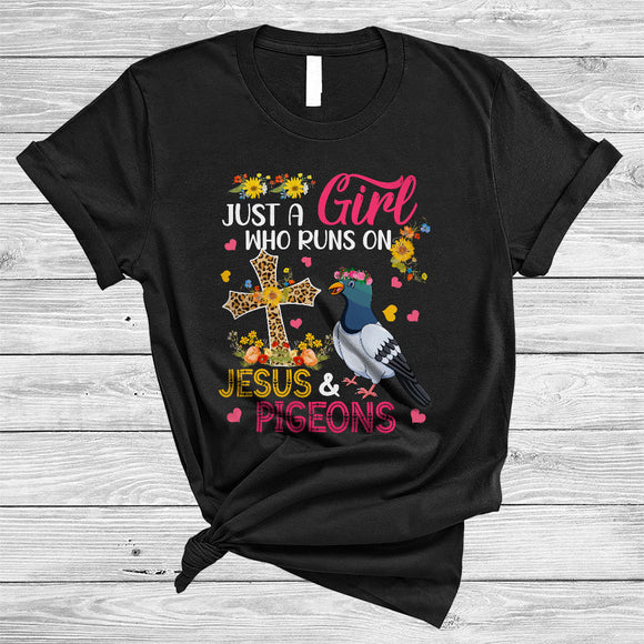 MacnyStore - Just A Girl Who Runs On Jesus And Pigeons, Humorous Leopard Cross, Flowers Animal Lover T-Shirt