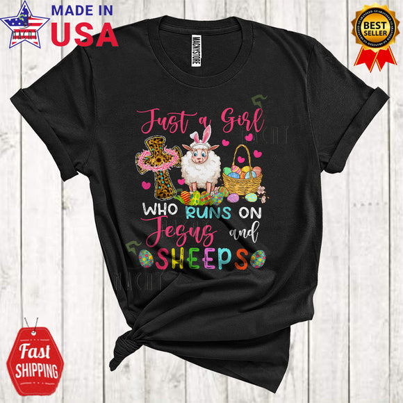 MacnyStore - Just A Girl Who Runs On Jesus And Sheeps Cute Cool Easter Day Leopard Christian Cross Farmer T-Shirt