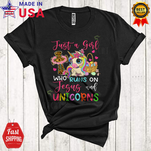 MacnyStore - Just A Girl Who Runs On Jesus And Unicorns Cute Cool Easter Day Leopard Christian Cross Lover T-Shirt