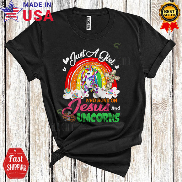 MacnyStore - Just A Girl Who Runs On Jesus And Unicorns Cute Cool Easter Rainbow Egg Hunt T-Shirt
