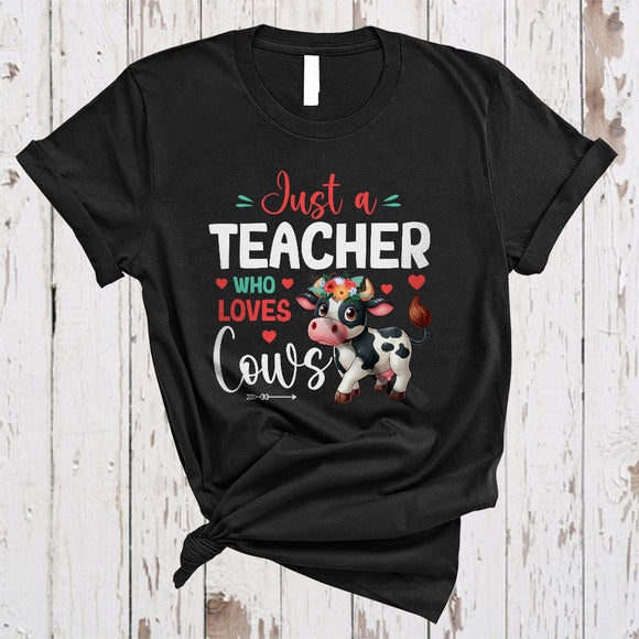 MacnyStore - Just A Teacher Who Loves Cows, Adorable Floral Flowers Cow, Matching Teacher Group T-Shirt