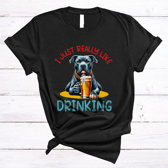 MacnyStore - Just Really Like Drinking, Humorous Pit Bull Drinking Beer, Animal Lover Drunker Group T-Shirt