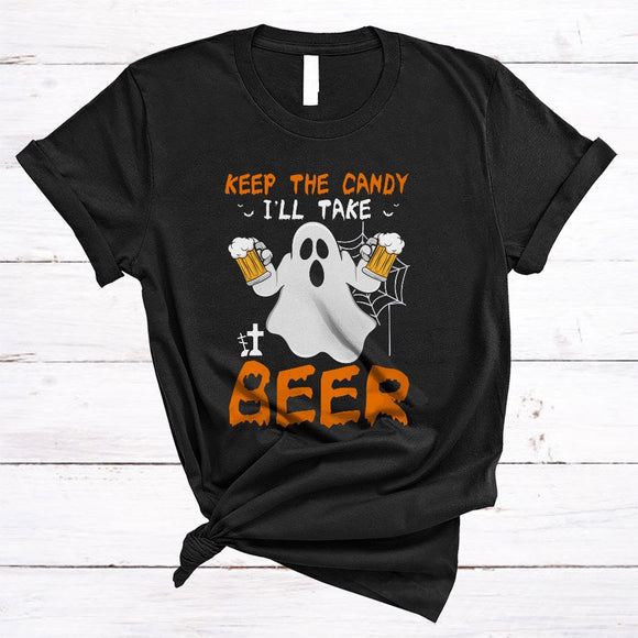 MacnyStore - Keep The Candy I'll Take Beer, Sarcastic Halloween Ghost Drinking, Drunk Beer Lover T-Shirt
