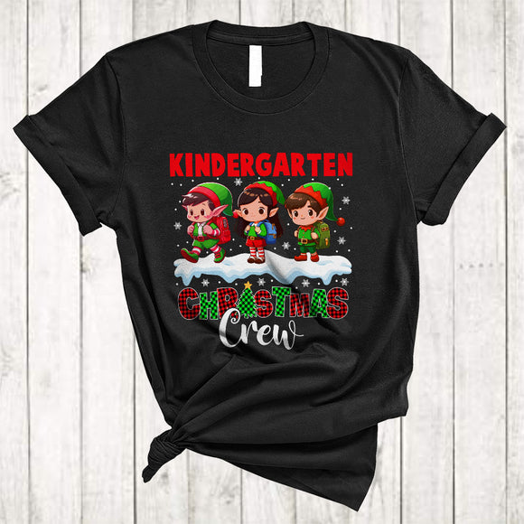 MacnyStore - Kindergarten Christmas Crew, Joyful Three ELF Students, Matching X-mas Plaid Teacher Group T-Shirt