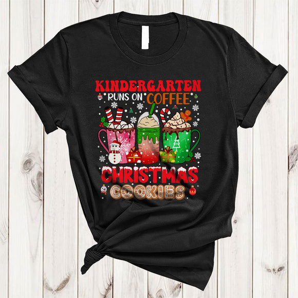MacnyStore - Kindergarten Runs On Coffee And Christmas Cookies, Joyful Three Coffee Cups, Teacher X-mas T-Shirt