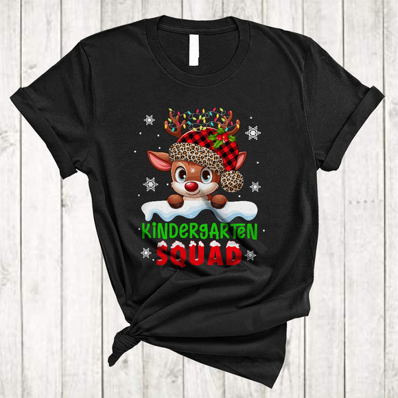 MacnyStore - Kindergarten Squad, Adorable Red Plaid Christmas Reindeer, X-mas Lights Students Teacher Group T-Shirt
