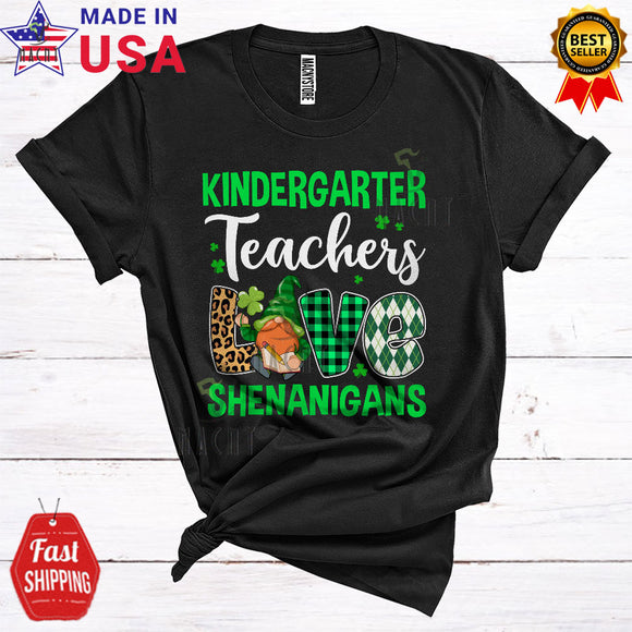 MacnyStore - Kindergarten Teachers Love Shenanigans Cute Funny St. Patrick's Day Leopard Plaid Irish Gnomes Lover T-Shirt