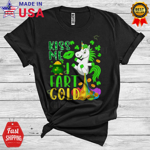 MacnyStore - Kiss Me I Fart Gold Cute Funny St. Patrick's Day Rainbow Shamrock Matching Unicorn Lover T-Shirt