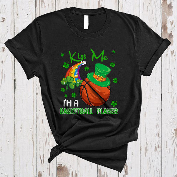 MacnyStore - Kiss Me I'm A Basketball Player, Joyful St. Patrick's Day Leprechaun Sport Player, Shamrock Rainbow T-Shirt