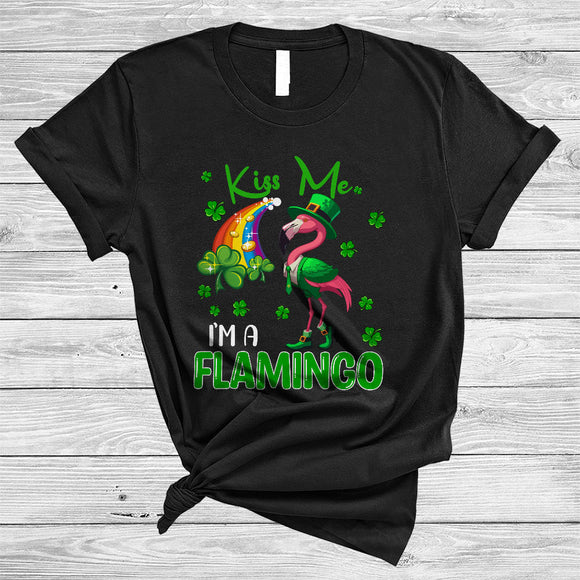 MacnyStore - Kiss Me I'm A Flamingo, Lovely St. Patrick's Day Leprechaun, Shamrocks Rainbow Animal Lover T-Shirt